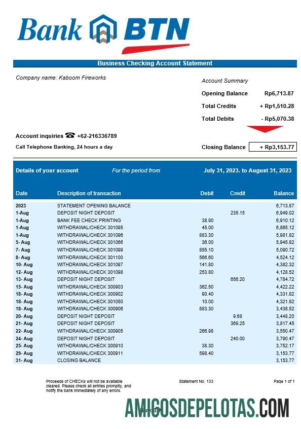 Imprimível Banco BTN Extrato de conta da empresa modelo Word e PDF
